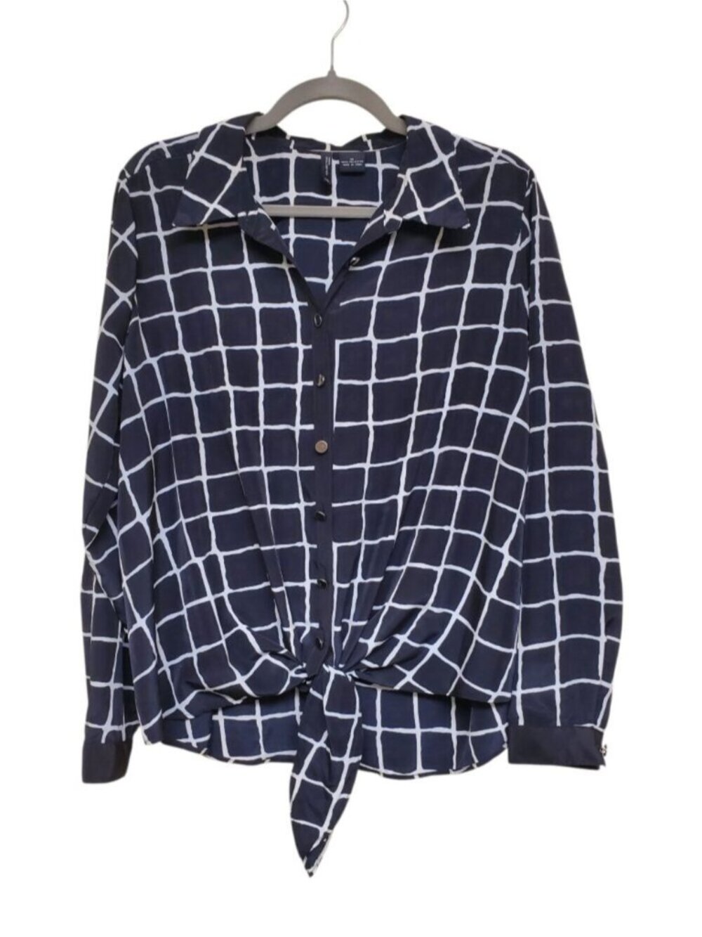 New Directions Woman's Black White Plaid Tie Hem Long Sleeve Button Up Plus 1X
